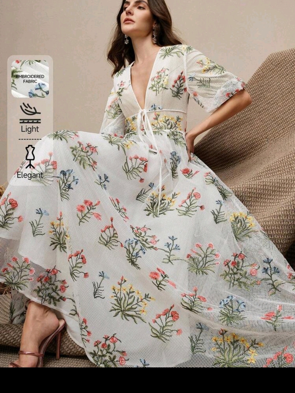 SHEIN White Floral Embroidered Tie-Front Maxi Dress